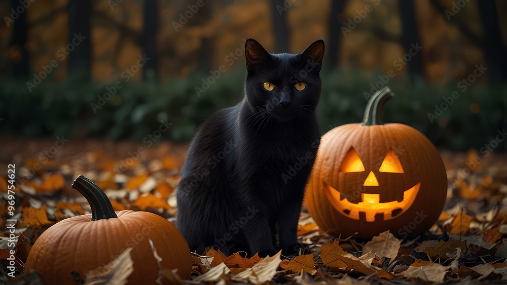 Black Cat with Glowing Eyes Sitting on a Pumpkin: Spooky Halloween Scene with Fallen Leaves and Candlelight Black Cat with Glowing Eyes Sitting on a Pumpkin: Spooky Halloween Scene with Fallen Leaves and Candlelight