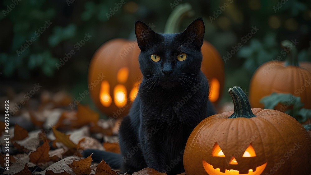 Black Cat with Glowing Eyes Sitting on a Pumpkin: Spooky Halloween Scene with Fallen Leaves and Candlelight Black Cat with Glowing Eyes Sitting on a Pumpkin: Spooky Halloween Scene with Fallen Leaves and Candlelight