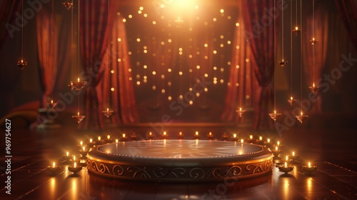 Circular podium placed in the center Diwali diyas hang in the background