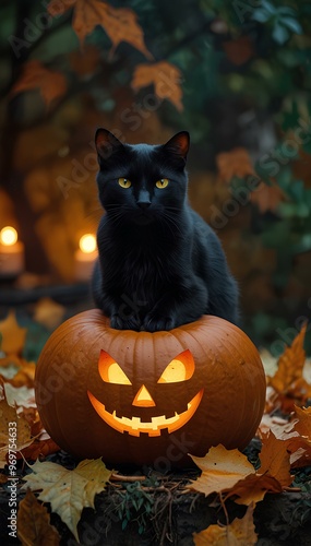 Black Cat with Glowing Eyes Sitting on a Pumpkin: Spooky Halloween Scene with Fallen Leaves and Candlelight photo