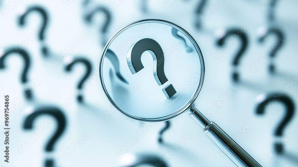 Focused Question Image Magnifying glass focused on one among many virtual question marks ...