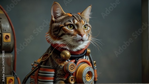 Gato steampunk chistosa y curiosa. Está vestida. Representa lo vintage y futurista a la vez.  photo