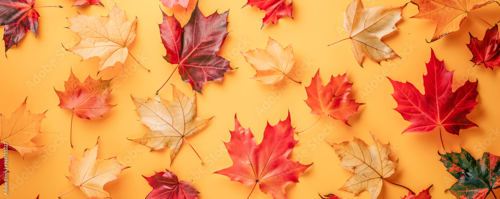 Top view of colourful autumnal maple leaves on yellow background. Banner and wallpaper concept. Top view of colourful autumnal maple leaves on yellow background. Banner and wallpaper concept.