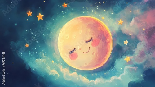 Whimsical illustration of a smiling moon surrounded by stars in a dreamy nighttime sky, perfect for children's books and bedtime stories. photo