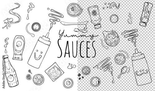 Vector outline hand drawn sauces. Top and side view of ketchup, tomato sauce, mustard, mayonnaise, tahini, barbecue sauce, hot sauce. Easy to edit and ready to use. 