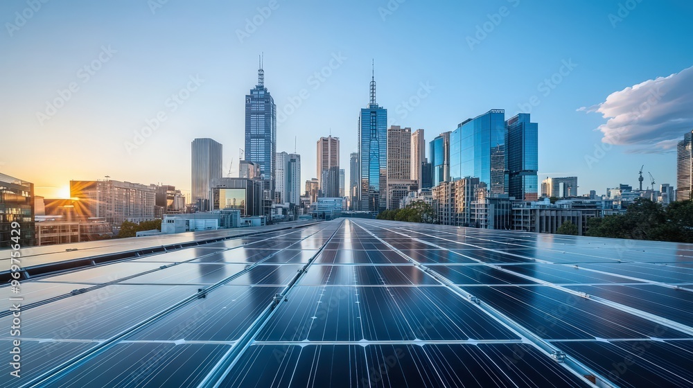 Fototapeta premium Solar panels installed on a rooftop in an urban environment capture sunlight, contributing to renewable energy, framed by a vibrant city skyline at sunset