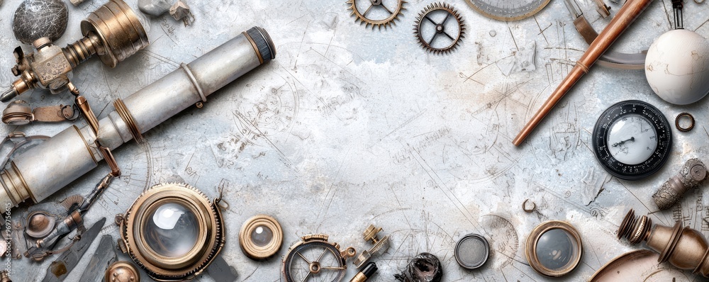 An elaborate engraving-style collage of Victorian scientific instruments like telescopes and compasses An elaborate engraving-style collage of Victorian scientific instruments like telescopes and compasses