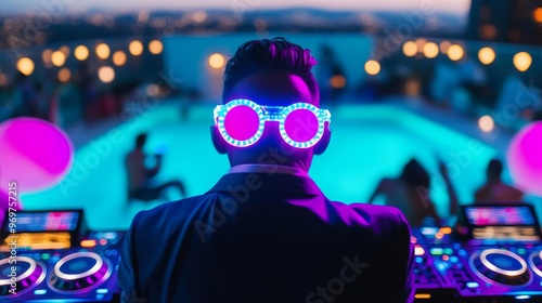 DJ with light-up sunglasses, hosting a rooftop pool party, upbeat music, and crowd energy photo