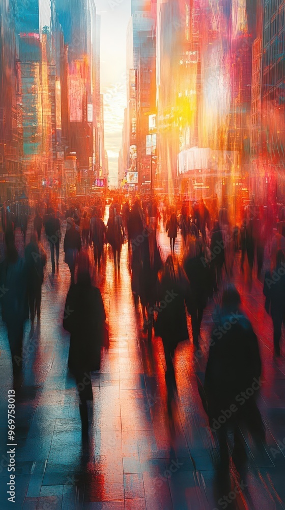 bustling urban street scene with blurred figures of diverse pedestrians creating a sense of movement and energy modern cityscape backdrop with skyscrapers bustling urban street scene with blurred figures of diverse pedestrians creating a sense of movement and energy modern cityscape backdrop with skyscrapers