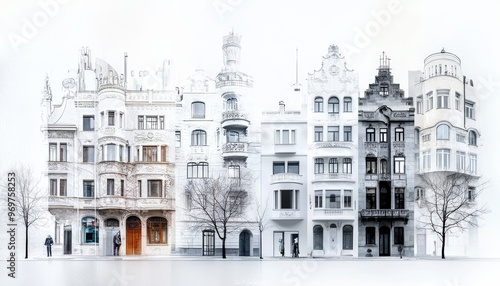 An architectural collage featuring iconic Art Nouveau buildings with fluid, curved facades