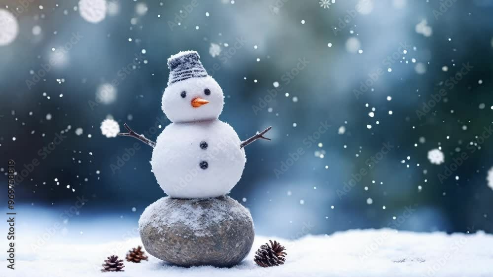 Small snowman proudly stands on a rock in a gentle snowfall, creating a charming winter scene with a blurred background, capturing the essence of the holiday season Small snowman proudly stands on a rock in a gentle snowfall, creating a charming winter scene with a blurred background, capturing the essence of the holiday season
