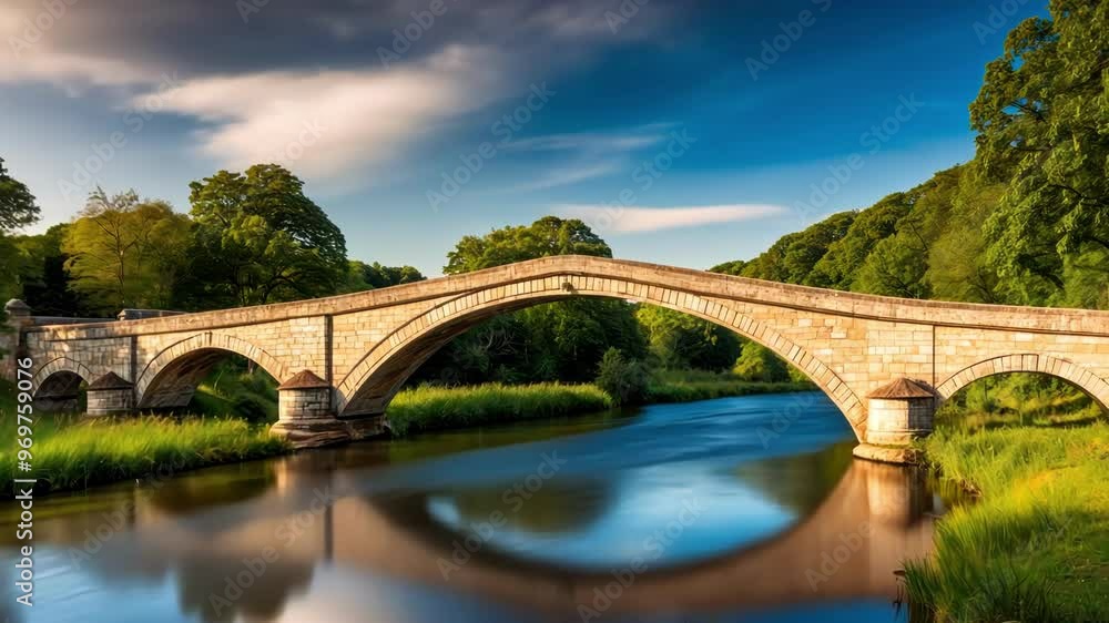 A tranquil scene featuring a historic stone bridge over a calm river, surrounded by lush greenery and a clear sky A tranquil scene featuring a historic stone bridge over a calm river, surrounded by lush greenery and a clear sky