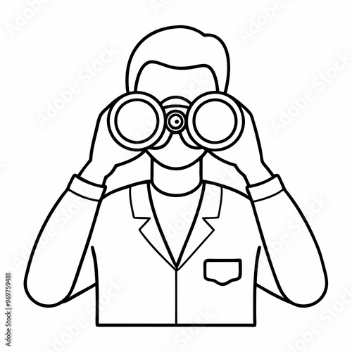 Cartoon man looking through binoculars for coloring on white background