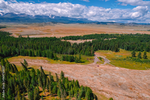 Aerial top view beautiful landscape mountains with fog, green forest and trees in rural Altai, drone photo