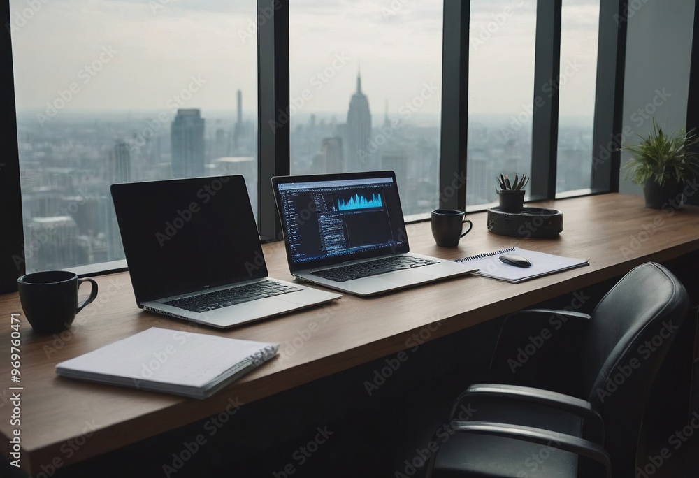 A sleek laptop rests on a desk alongside a steaming cup of coffee A sleek laptop rests on a desk alongside a steaming cup of coffee