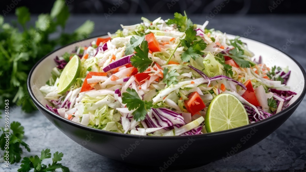 Cabbage salad with coriander and lime, with red and white cabbage on the background of a stone table. Cabbage salad with coriander and lime, with red and white cabbage on the background of a stone table.