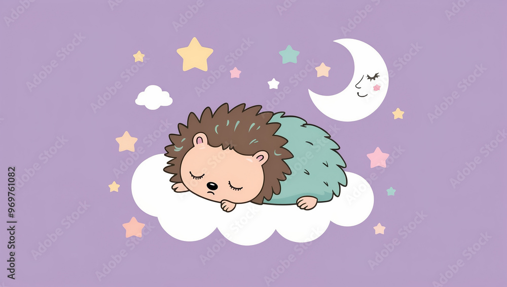 Fototapeta premium Little cartoon hedgehog sleeping on a cloud, flat design illustration