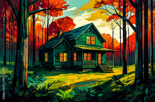 A lonely wooden house surrounded by tall, looming trees painted in bold vector art oil painting art illustration on a white background.
 photo