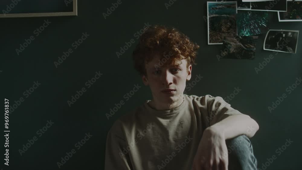 Portrait of distressed shaking Caucasian young man with ginger curly hair and red cheeks breathing inconsistently and about to cry sitting with arm on knee against dark wall with photographs