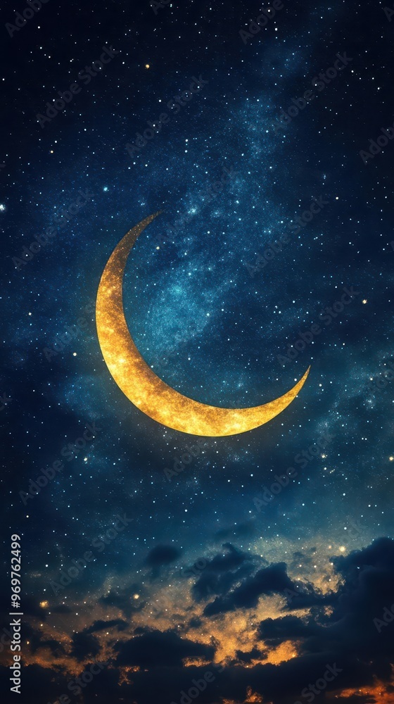 celestial ramadan symbol crescent moon silhouette starry night sky islamic spiritual artwork elegant minimalist design celestial ramadan symbol crescent moon silhouette starry night sky islamic spiritual artwork elegant minimalist design