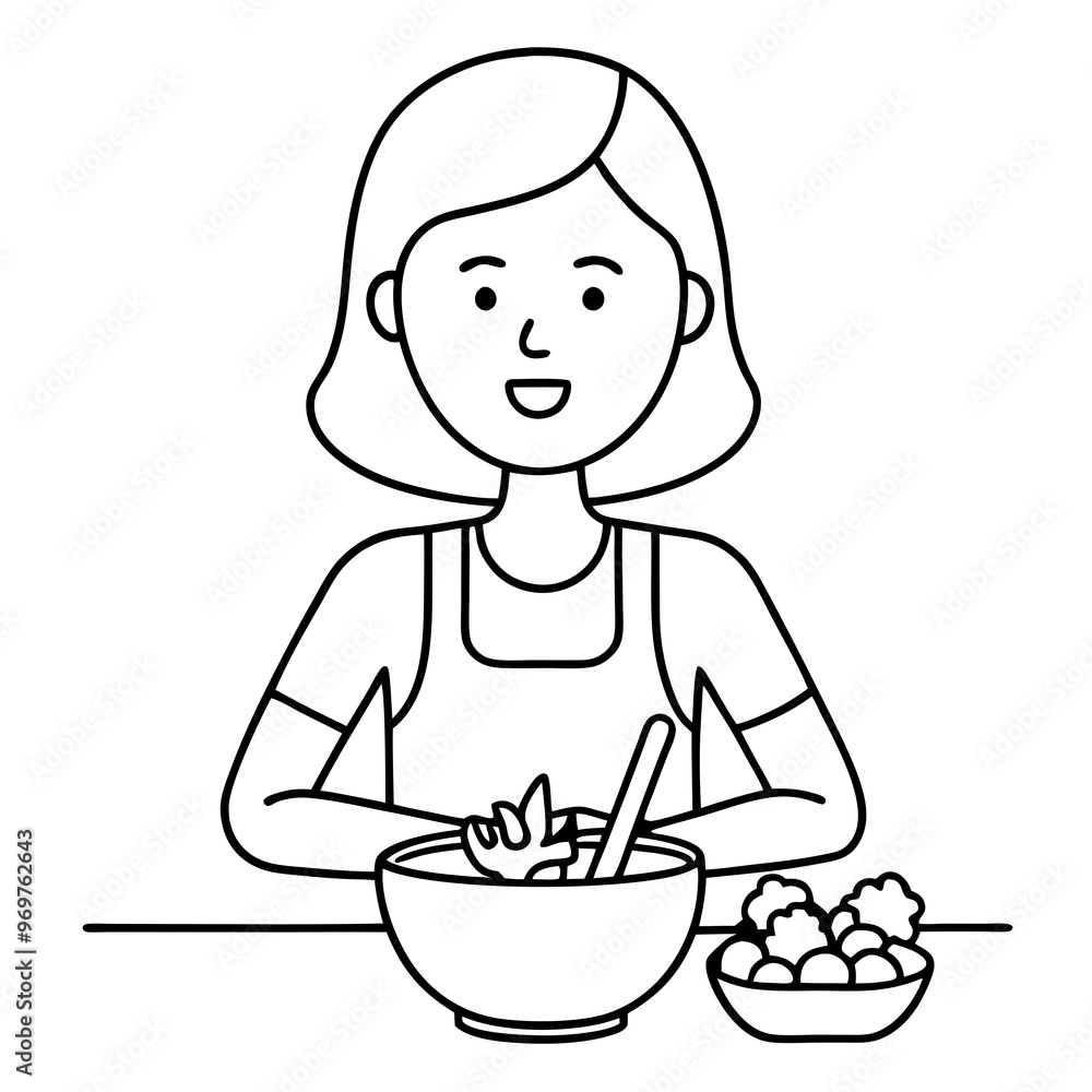 Cheerful cartoon woman cooking in the kitchen for coloring on white background Cheerful cartoon woman cooking in the kitchen for coloring on white background