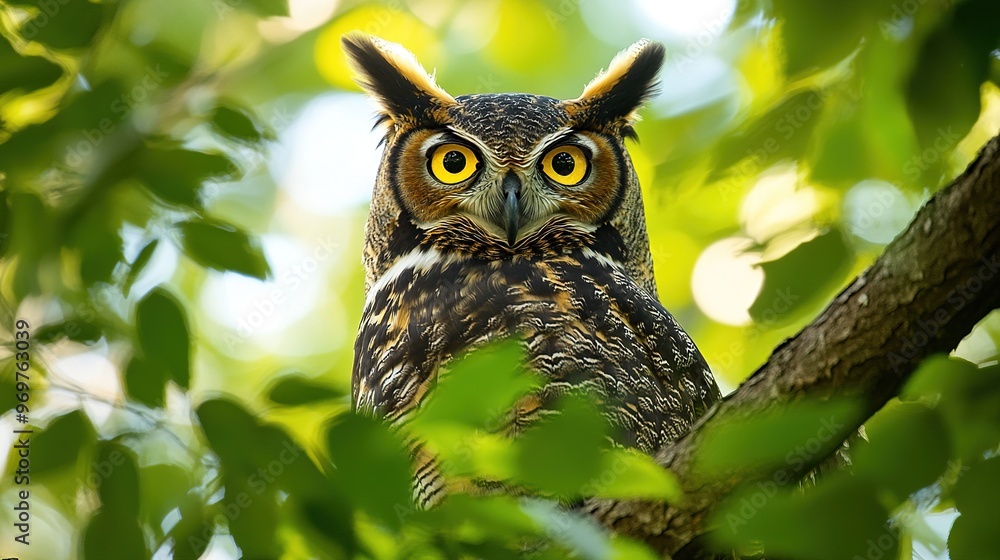 Obraz premium Vibrant Owl Perched Among Green Leaves in Bright Sunlight