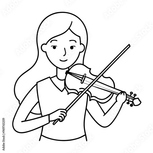 Cartoon girl playing the violin for coloring on white background
