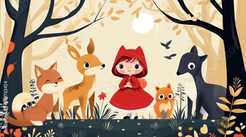 Charming illustration of a girl in red with forest animals in an enchanted woodland setting, perfect for children's books or stories.