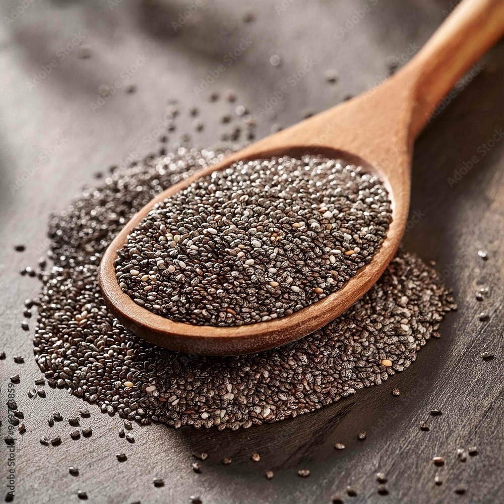 Healthy Chia seeds in a wooden spoon on the table Healthy Chia seeds in a wooden spoon on the table