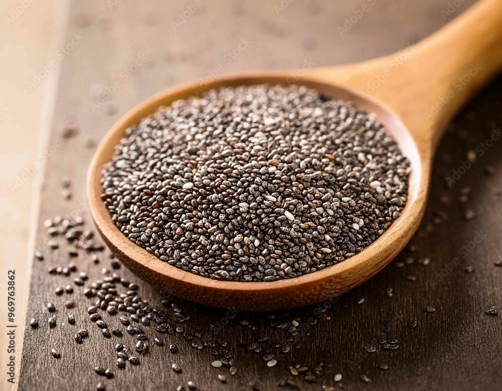 Healthy Chia seeds in a wooden spoon on the table Healthy Chia seeds in a wooden spoon on the table