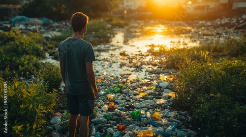 Man standing by polluted river at sunset, observing plastic waste and environmental degradation as a symbol of the urgent need for conservation photo