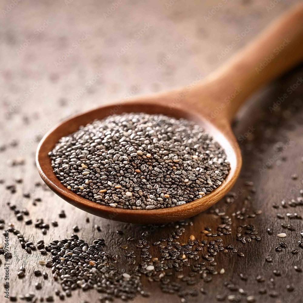 Healthy Chia seeds in a wooden spoon on the table Healthy Chia seeds in a wooden spoon on the table