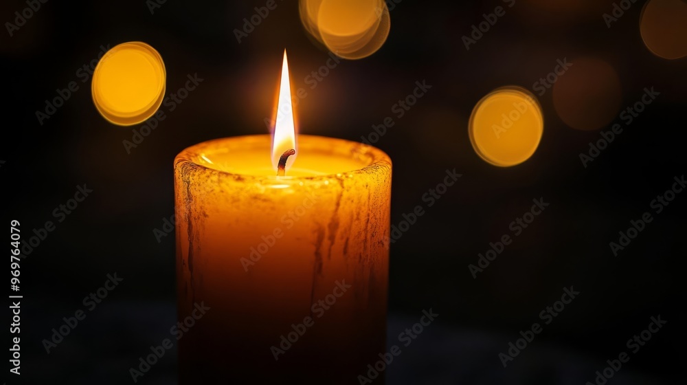 Close-up of a lit candle casting warm glow at night, perfect for themes of tranquility, meditation, and peaceful ambiance. Close-up of a lit candle casting warm glow at night, perfect for themes of tranquility, meditation, and peaceful ambiance.