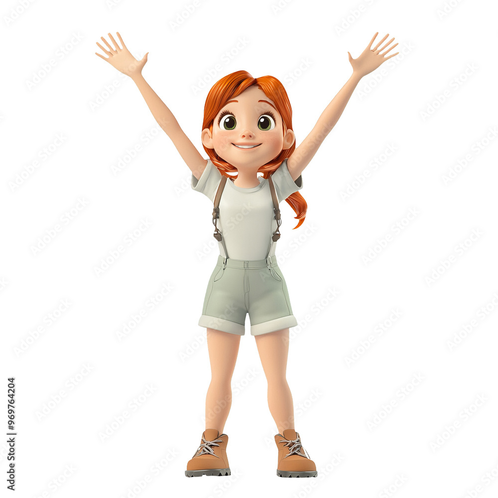 A cheerful animated girl in casual attire expressing joy with raised arms. Perfect for children's content and educational themes. A cheerful animated girl in casual attire expressing joy with raised arms. Perfect for children's content and educational themes.