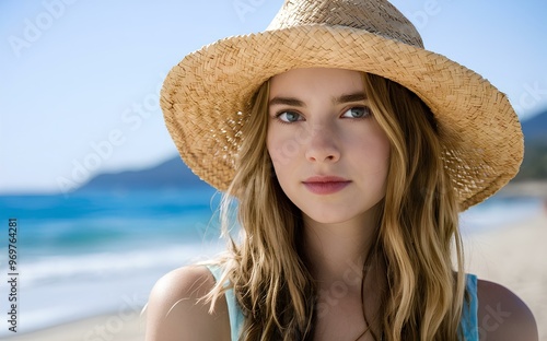 Portrait of a beautiful woman in a straw hat, resembling an elf-like teenage girl. Close-up, capturing the essence of summer vacation on the beach.