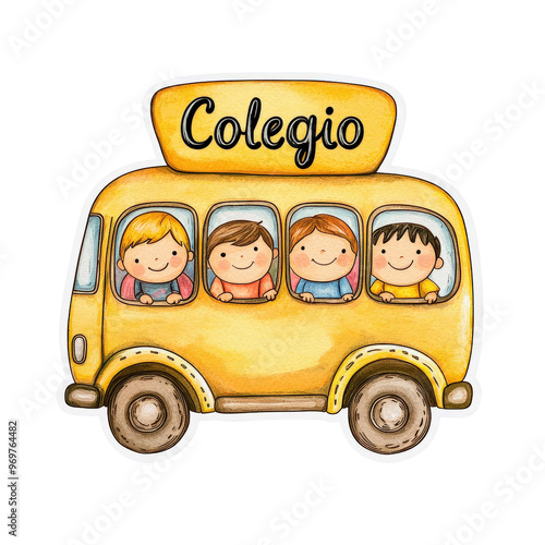 Dibujo de un autobús de transporte escolar de color amarillo con niños dentro, con un cartel en su parte superior con la inscripción Colegio, sobre fondo blanco