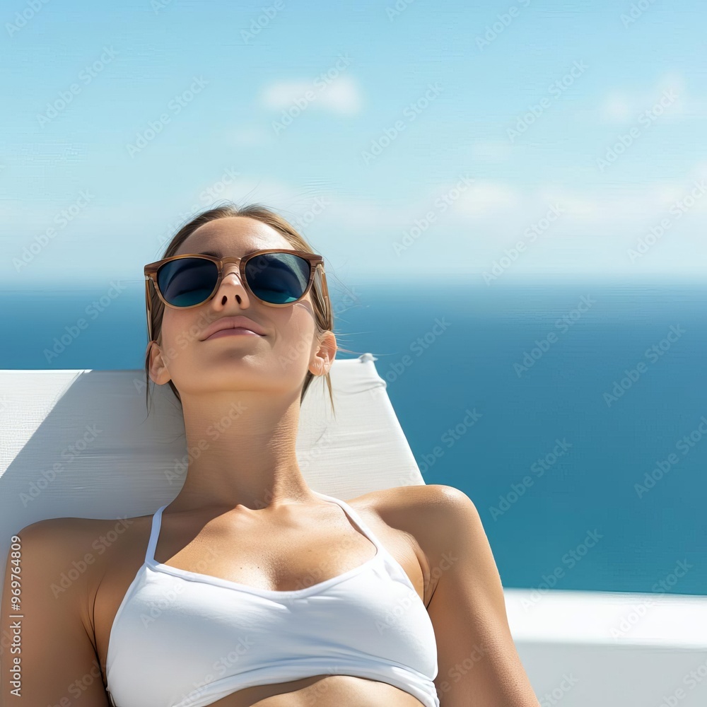 Woman with beach sunglasses, sunbathing on a rooftop lounge chair, relaxation, and ocean breeze Woman with beach sunglasses, sunbathing on a rooftop lounge chair, relaxation, and ocean breeze