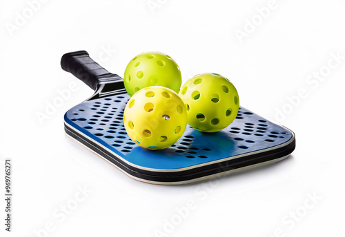 pickleball and pickleball paddle isolated on white backgrounds photo