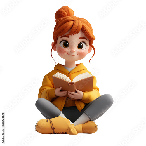 A cheerful girl sits cross-legged, reading a book in a cozy, animated style, evoking warmth and curiosity.