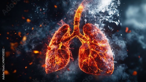 This vivid representation highlights the human lungs, illuminated by fiery colors, revealing intricate vascular networks amidst a dramatic smoky atmosphere