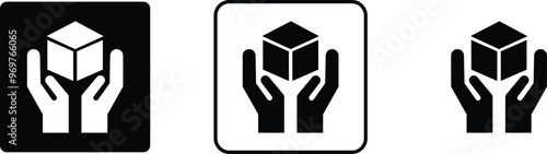 Handle with care sign icons set isolated on transparent background, black vector collection. Fragile box symbol Logistics and delivery shipping label. hand holding box important package handing sign.