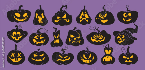 Halloween Pumpkin silhouette icon set. Spooky smiling black pumpkins with glowing eyes and mouth. Jack o lantern collection. Vector scary face illustrations for autumn cards, banners, sticker, posters