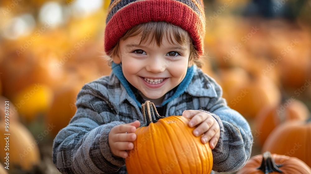 Smiling Child at Pumpkin Patch, Wearing Warm Clothes with Pumpkins in Autumn Field, close up happy toddler kid portrait outdoor in autumn Smiling Child at Pumpkin Patch, Wearing Warm Clothes with Pumpkins in Autumn Field, close up happy toddler kid portrait outdoor in autumn