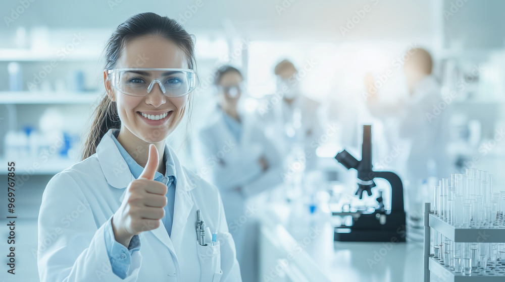 Happy Clinical Research Team Posing with Thumbs Up: Lab Scientists with Microscope, Test Tubes, and Glass Equipment in a Bright Laboratory Setting. photo Happy Clinical Research Team Posing with Thumbs Up: Lab Scientists with Microscope, Test Tubes, and Glass Equipment in a Bright Laboratory Setting. photo
