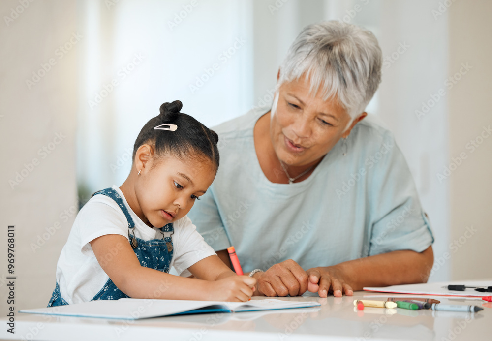Girl, writing and grandma for homework, help and study in house with book, education and school project. Child, drawing and grandmother for learning, teaching and development in home with support Girl, writing and grandma for homework, help and study in house with book, education and school project. Child, drawing and grandmother for learning, teaching and development in home with support