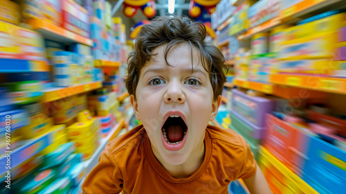 A young boy in a toy store with his mouth open wide