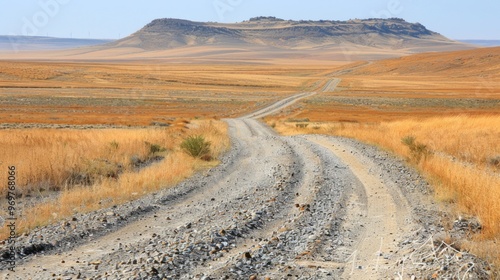 A gravel road winds its way through a vast, dry Karoo landscape, leading towards a distant mesa