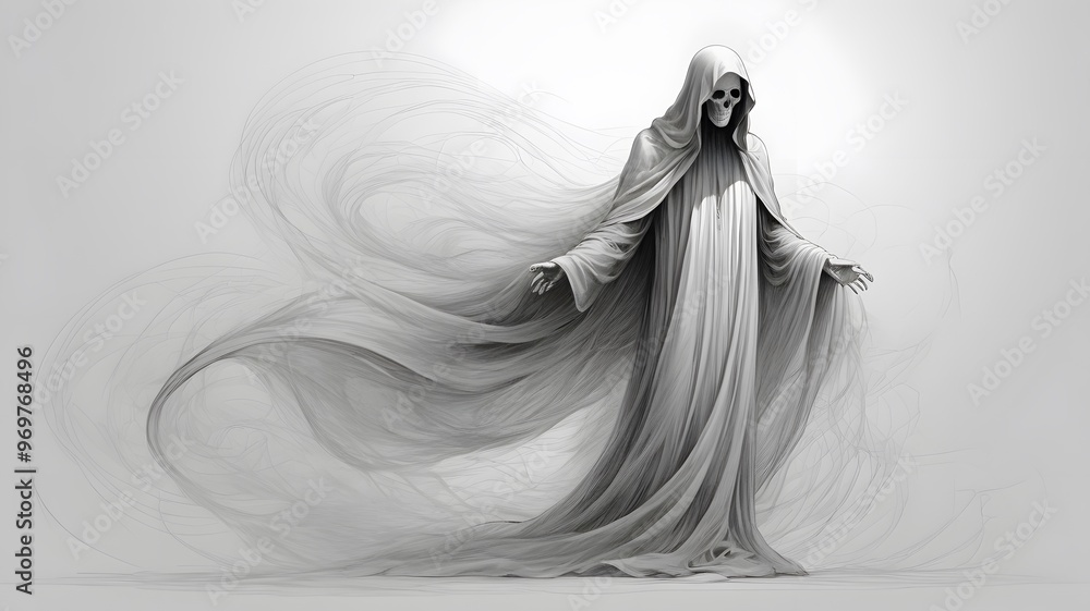 Fototapeta premium Ghostly figure with soft, flowing lines capturing the ethereal, transparent body, delicate shading to create a spectral, floating effect perfect for Halloween