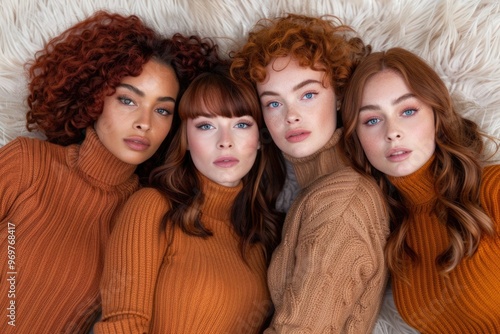 Four young women in brown and orange sweaters pose on a fuzzy white background