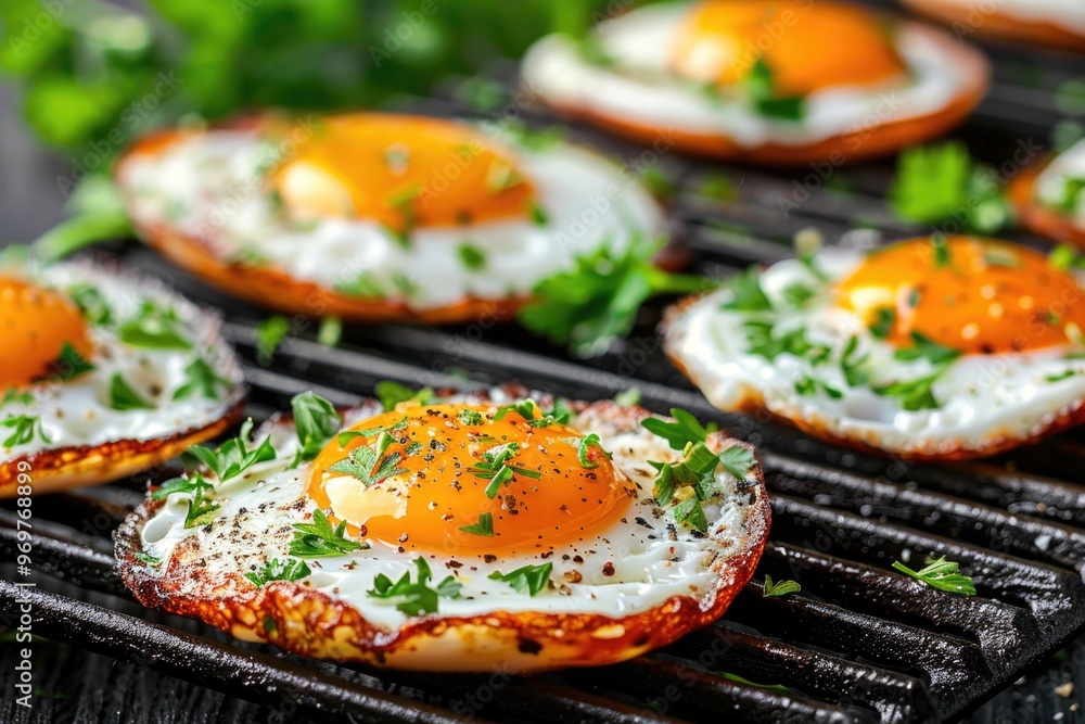 A close-up shot of perfectly cooked fried eggs on a black grill, garnished with fresh parsley A close-up shot of perfectly cooked fried eggs on a black grill, garnished with fresh parsley